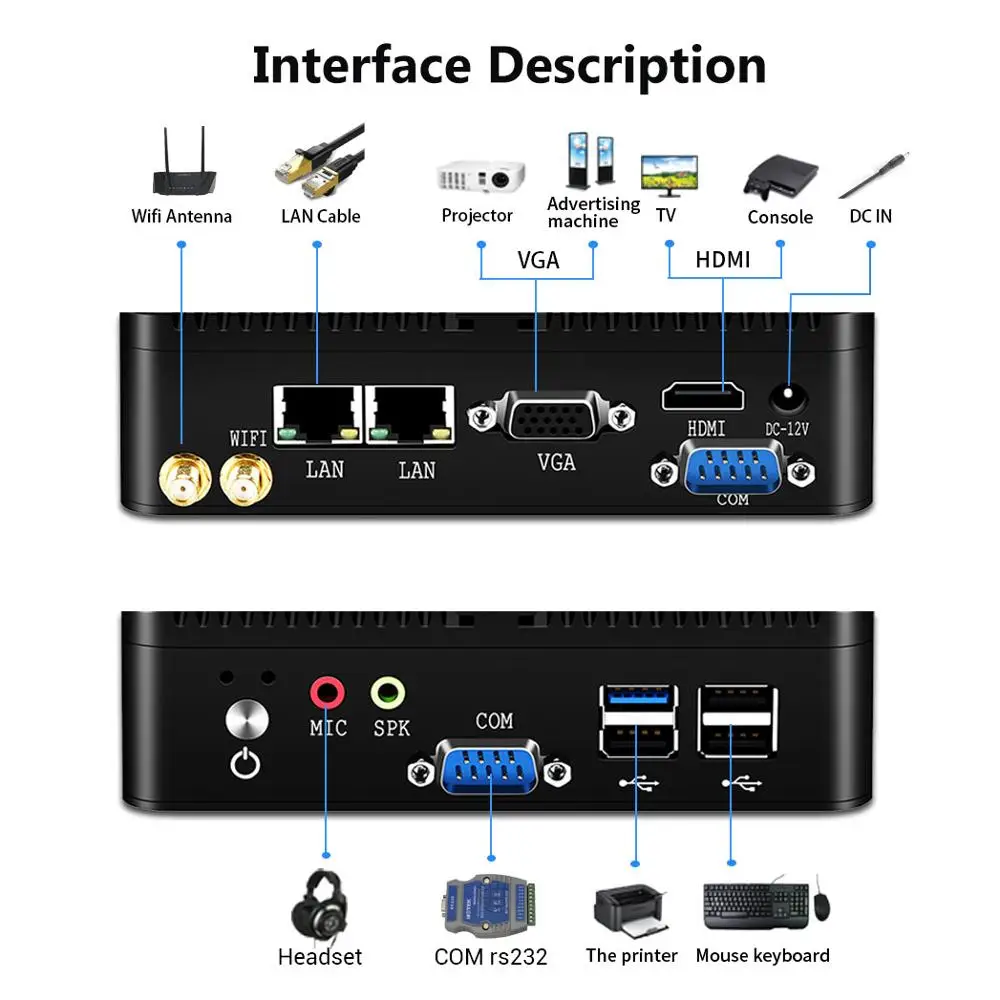 

Fanless Mini PC Intel Celeron J1900 N2930 Quad-Core Dual LAN 2COM Windows 10 Ubuntu Wifi Industrial Office PC HTPC Mini Computer