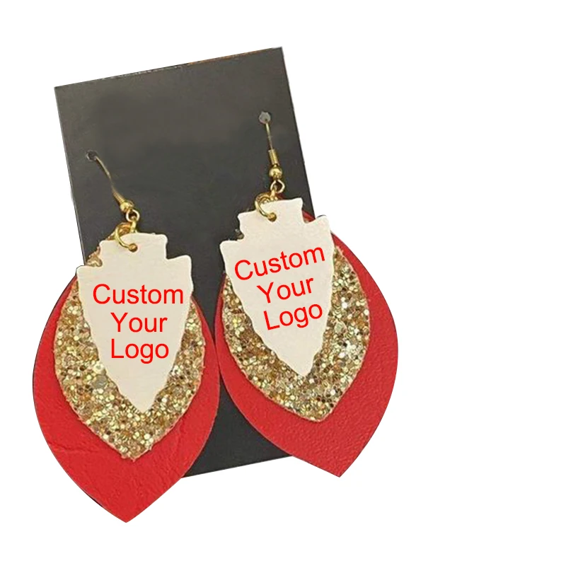 

Custom New Football Team Leather Earrings Three Layer Gold Glitter Teardrop Leaf Earrings Fashion