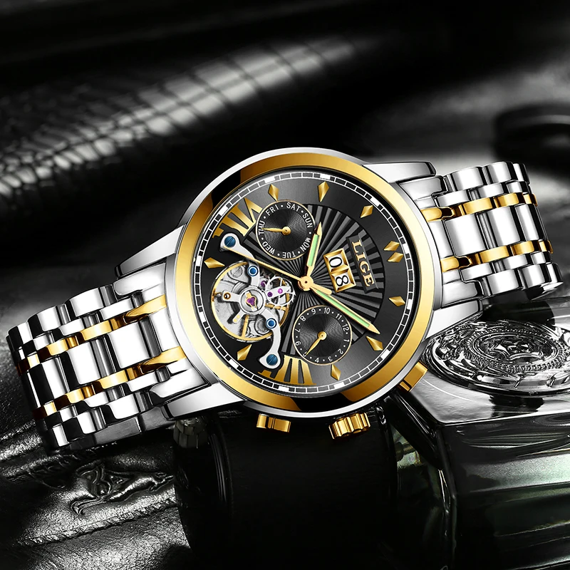 LIGE мужские s часы Топ люксовый бренд Tourbillon автоматические механические часы мужские водонепроницаемые часы со скелетом Montre Homme+ коробка