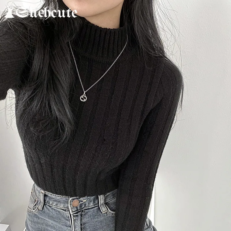 

SUCHCUTE Harajuku Basic Solid Slim Sweater Women Autumn Winter Kintted Korean Fashion Aesthetic Casual Tops Vintage Streetwear