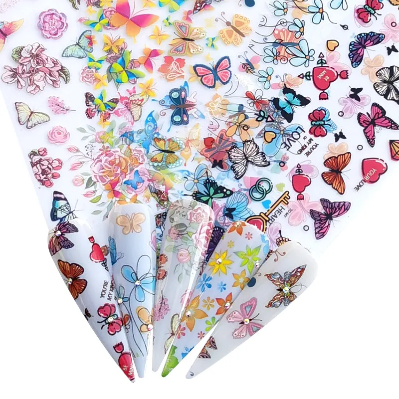 Наклейки WUF для ногтей бабочка цветок набор фольги цветные Переводные слайдеры