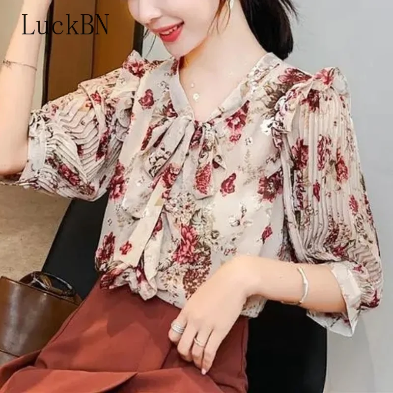 Женская плиссированная блузка с коротким рукавом и цветочным принтом|Блузки| |