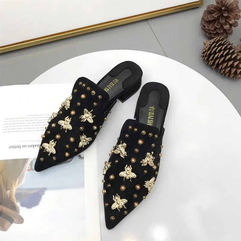 

Summer Shoes Women Pointed Toe Mules Slippers 2021 Fashion Rivet Bee Casual Shoes Half Slipper for Women Mules Summer Thick Heel