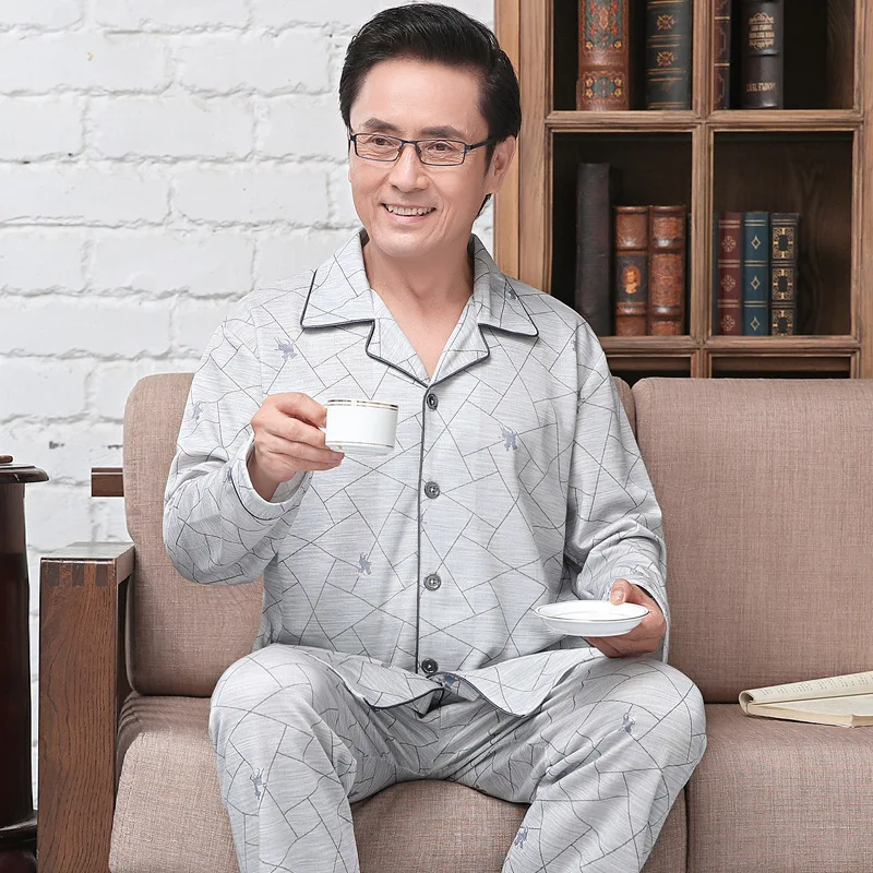 

Pajamas Men Thin Cotton Long-sleeved Spring and Autumn Middle-aged and Elderly Men's Home Service Outer Wear Pigiama Uomo Suit