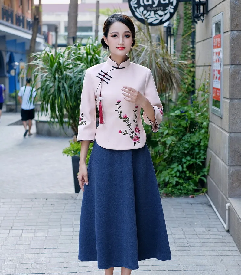 Sheng Coco Woolen Chinese Blouse Coat LadiesTraditional Chinese Shirts Embroidery Blouses Woolen Suit Classic Blue Suit