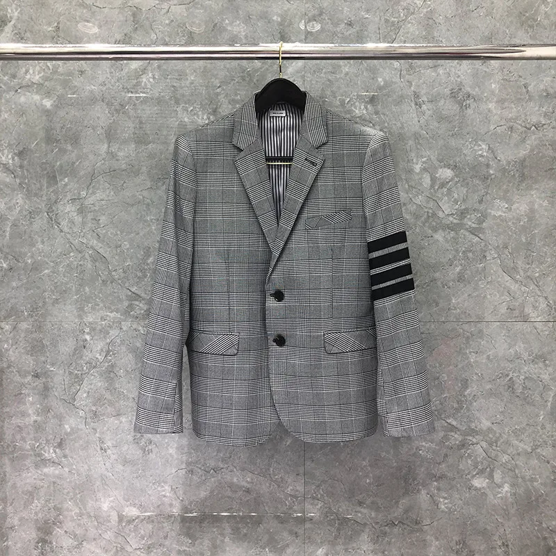 

Модный брендовый Блейзер TB 2021 THOM, Мужская одежда, серый сетчатый официальный костюм, приталенная повседневная куртка, однобортное шерстяно...