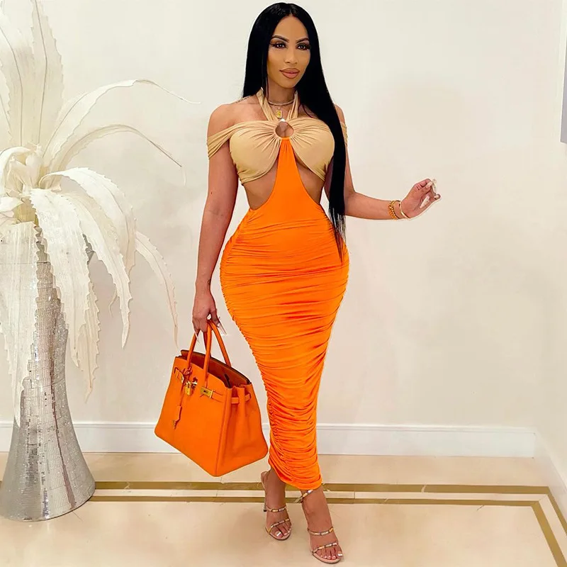 

Patchwork Dress Lace Up Halter Ruched Sleeveless Backless Hollow Out Long Dresses Women Clothes Robe Bodycon Maxi Party Dresses