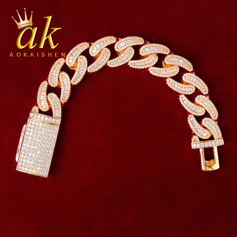 

Aokaishen Baguette Cuban Link Bracelet for Men Gold Color Hip Hop Fashion Jewelry 2022 Trend Best Selling