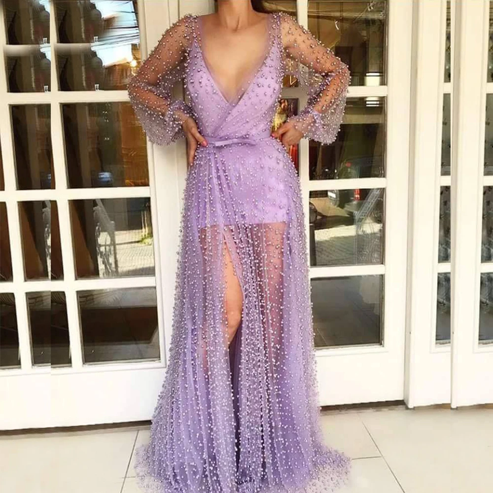 Обворожительный жемчуг лиловый Тюль пикантные Длинные вечерние платья 2020