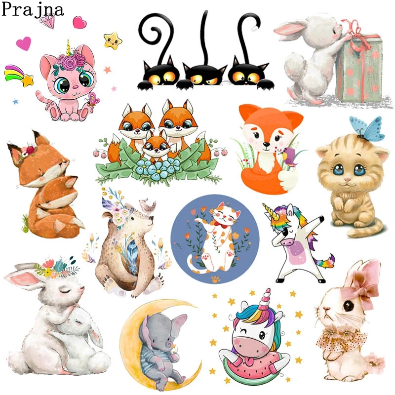 

Cartoon Animal Heat Transfer Patches Rabbit Cat Iron-On Transfers For Clothing DIY Thermal Sticker For Kids Clothes Applique
