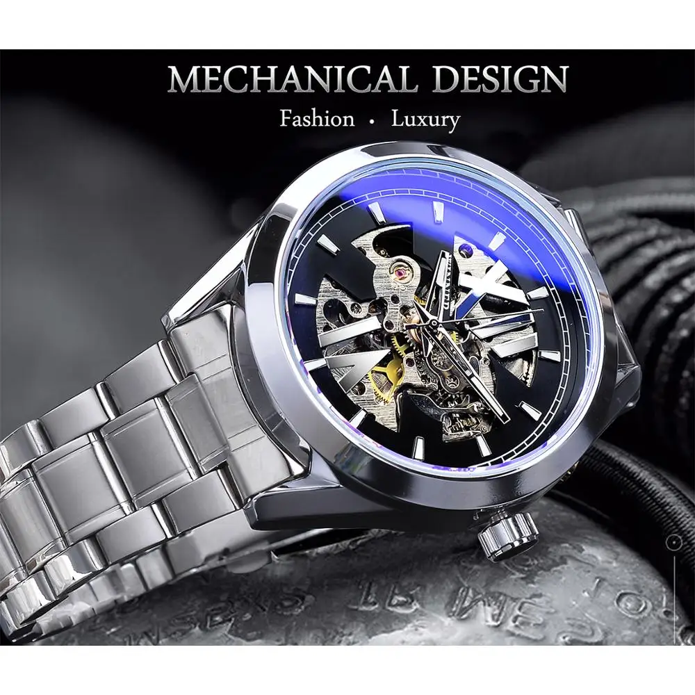 Winner Blue Light Glass Design Black Silver Automatic Watch Business Stainless Steel Band Waterproof Luminous Mechanical | Наручные часы
