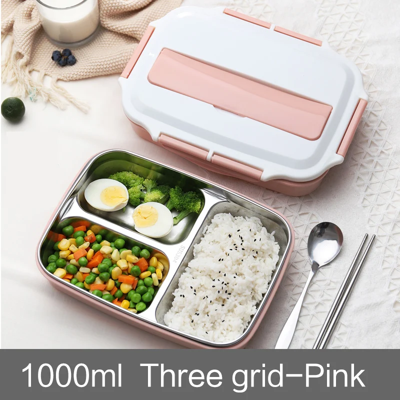 Розовый Oneisall Bento Ланч-бокс кухонный пищевой контейнер из нержавеющей стали Пластиковый 1200 мл ланчбокс для детей с подогревом Ланч японский стиль - Цвет: Розовый