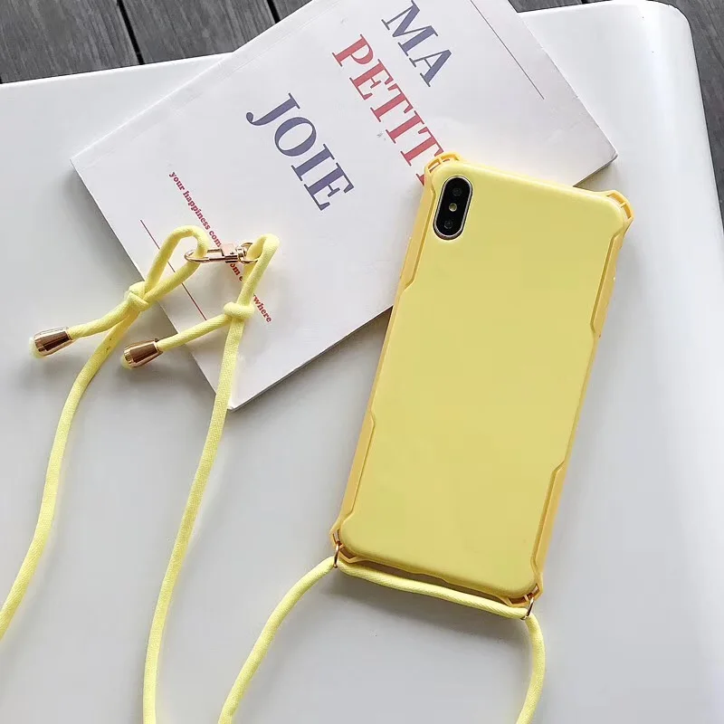 Yellow and Strap Простой чехол карамельного цвета для iPhone 11 Pro XS MAX X XR 8 7 6 S Plus сплошной цвет Пластиковый ударопрочный Твердый чехол с плечевым ремнем - Цвет: Yellow and Strap