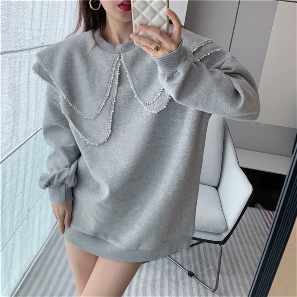 

Autumn Sweet Pearl All Match Casual Women Sweatshirts Office Lady Ruffles 2021 Chic Hot Femme Cotton Hot Loose Tops