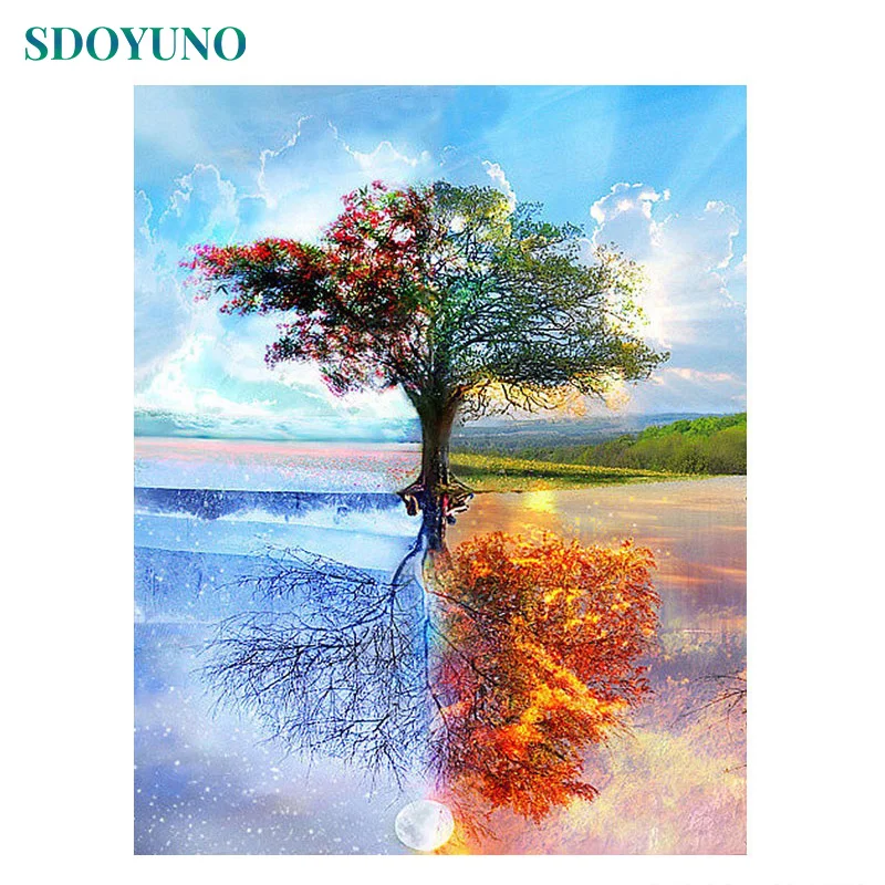 SDOYUNO, четыре сезона, дерево, 60x75 см, сделай сам, картина в рамке по номерам для взрослых, украшение для комнаты, домашний декор, цифры, живопись, подарок