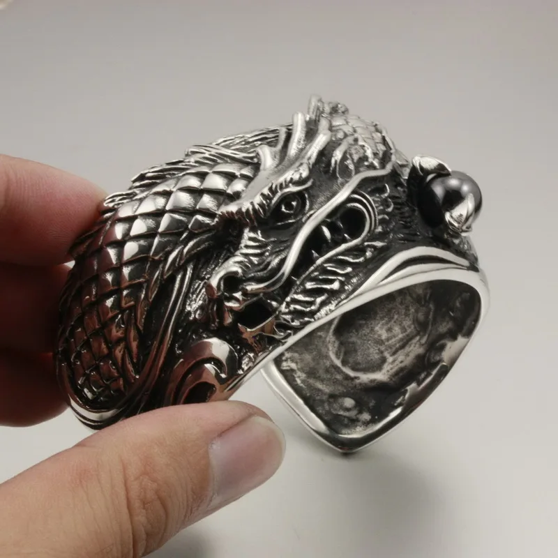 

Тяжелые мужские байкерские рокеры в стиле панк из нержавеющей стали 316L с фианитами Драконий жемчуг S130