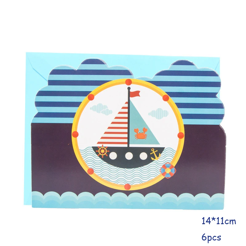 Invitation card 6pcs Морские вечерние предметы декора для дня рождения детей, предметы декора для вечеринок и дней рождения, декоративные одноразовые бумажные тарелки, бумажные стаканчики, посуда для душа ребенка - Цвет: Invitation card 6pcs