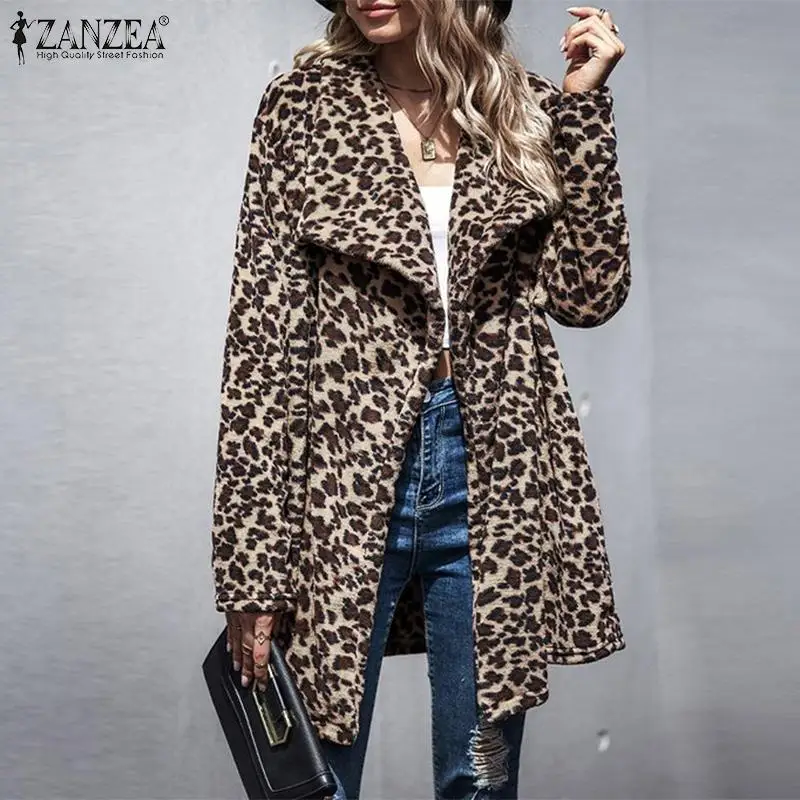 

ZANZEA Fashion Women Leopard Fleece Coat Jackets 2022 Autumn Winter Office Lady Long Sleeve Outwear Oversized Casual Loose Coats