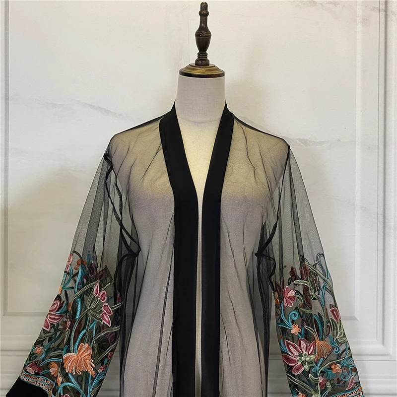 

Plus Size Long Shirt Women Kimono Mujer Floral Embroidery Chiffon Mesh Blouse Cardigan Clothing Ropa Vetement Robe Chemise Femme