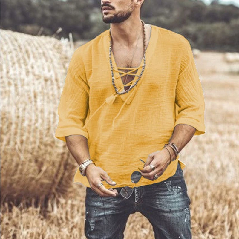 

2021 Summer New Product Beauty Men's Fashion Drawstring Solid Color T-shirt Cotton And Linen Shirt