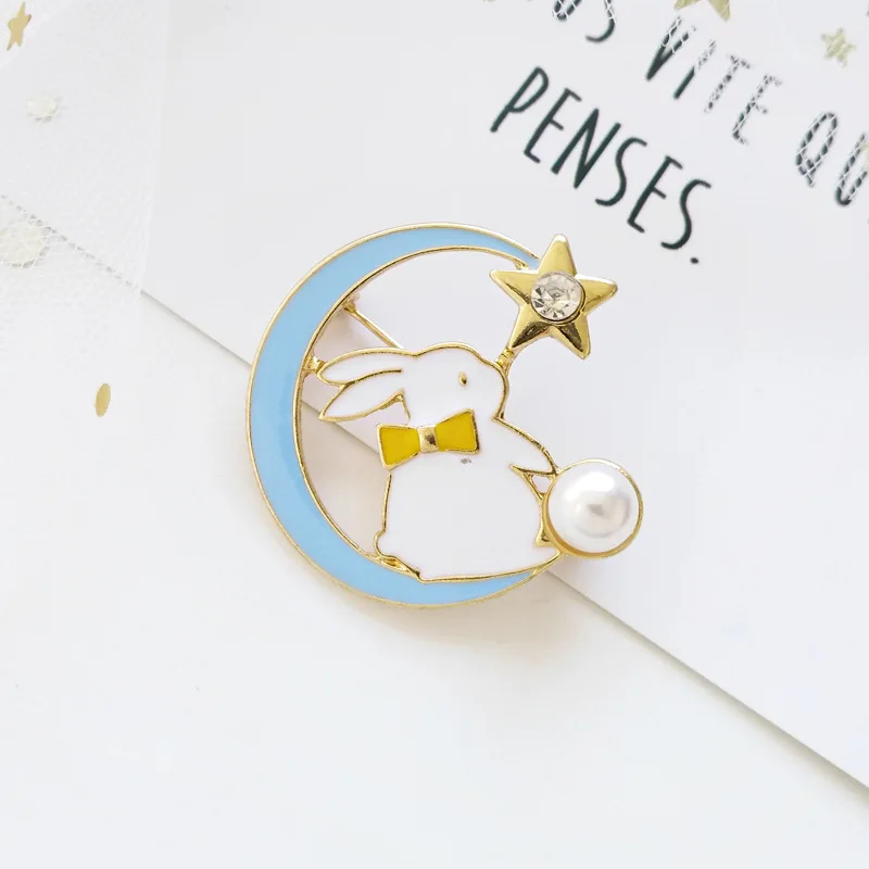 Carvejewl Cartoon animal pink blue rabbit brooch fashion bunny Badge Enamel glaze star moon Shirt Pins Women's Jewelry kids Gift |