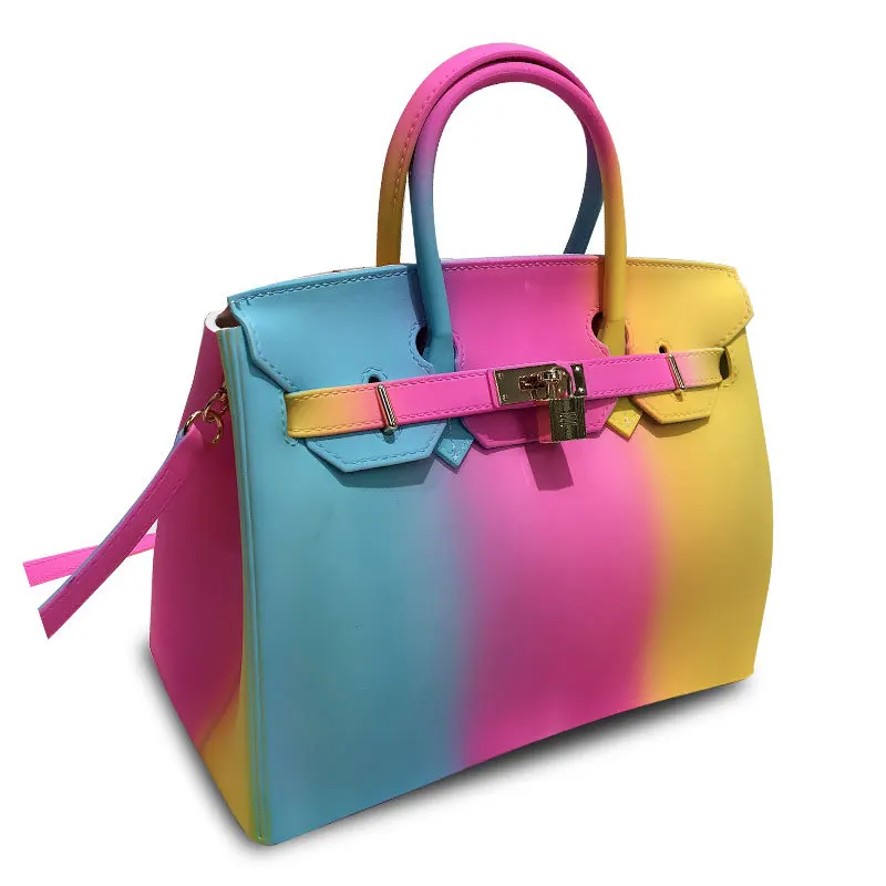 

Summer Female Panelled Rainbow Candy Color Handbag Shoulder Messenger Frosted Extra Large Totes Bag