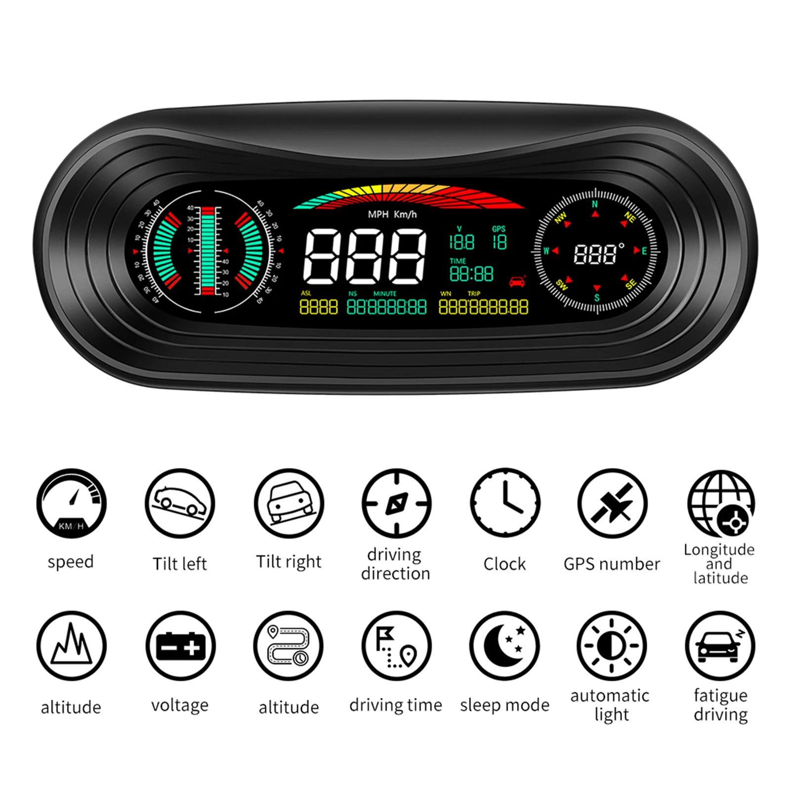 

GPS Slope Meter Car HUD LCD Display Digital Tilt Speed Altitude Direction Voltage Display Fault Alarm Fatigue Driving Reminder