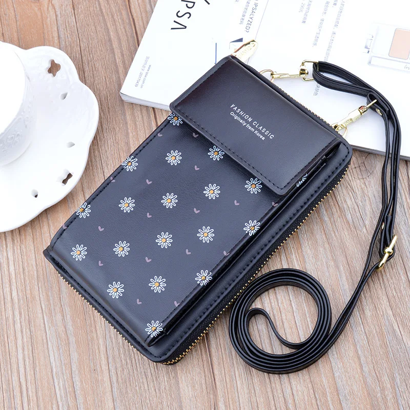 

2020 Women Wallet Flower Print Leather Shoulder Straps Shoulder Bag Mobile Phone Big Card Holders Wallet Handbag Pockets Girls