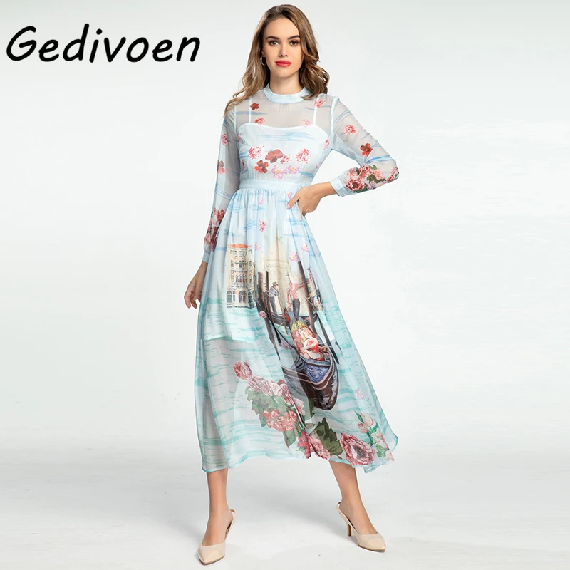 

Gedivoen Fashion Woman Autumn Elegant Bohemian Long Dress O-Neck High Waist Print Big Swing Ankle-Length Dresses Vestdios