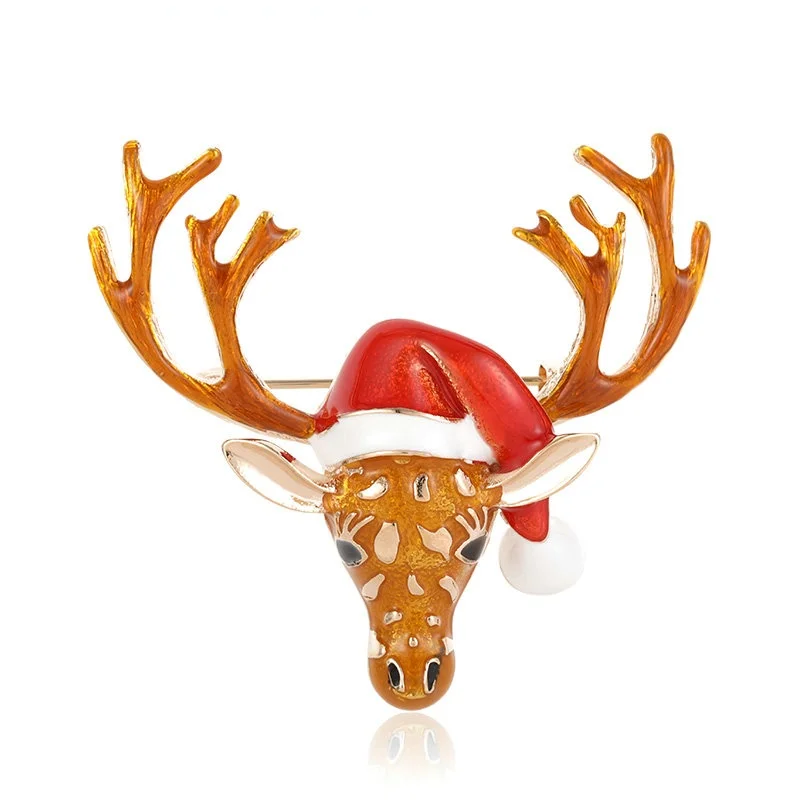 

OI Christmas Deer Animal Brooch Wearing Christmas Hat Reindeer Elk Head Brooches Pin For Women Kid Suit Scarf New Year Gift
