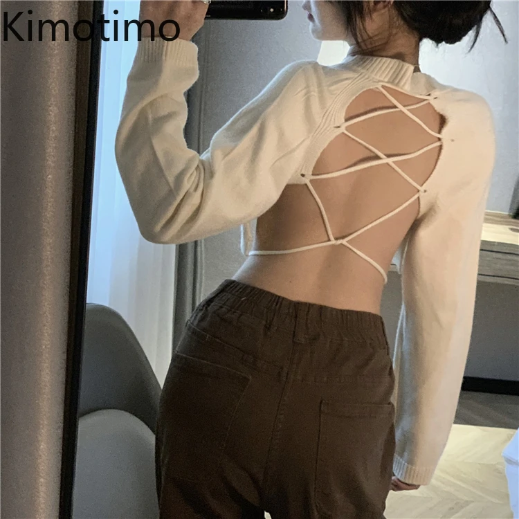 

Kimotimo Sexy Backless Sweater Women 2021 Autumn Winter Base Cross Belt Crop Pullover Korean Chic Design Long-sleeved Solid Tops