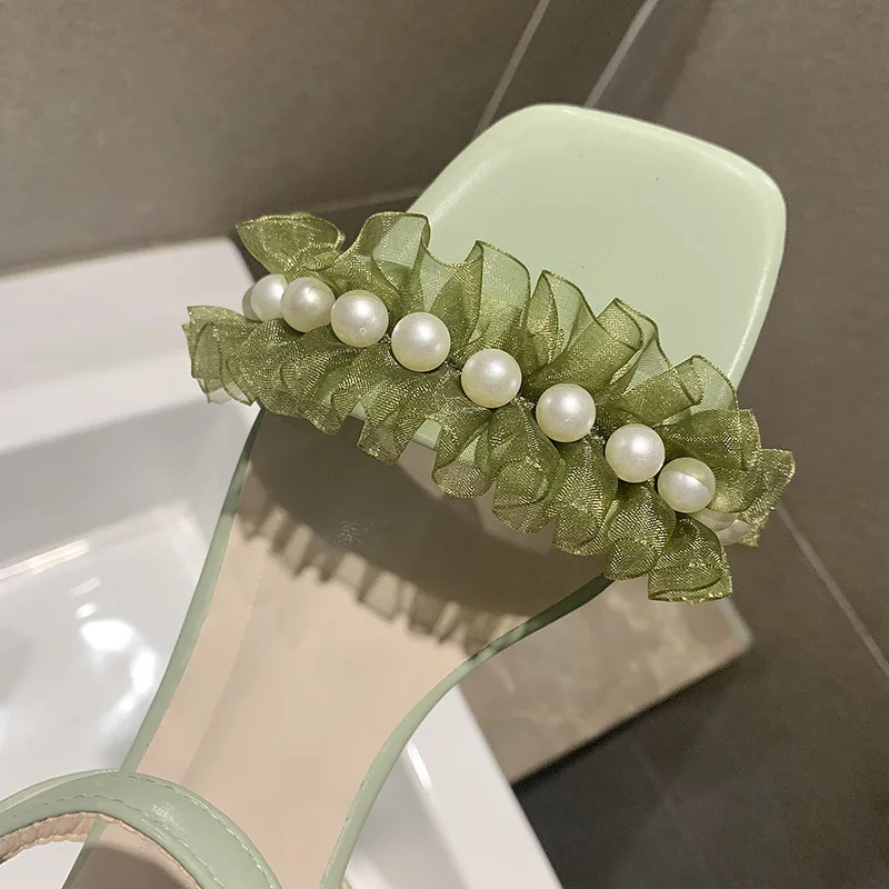 Сандалии женские с жемчужным Кружевом босоножки гладиаторы пикантная обувь на