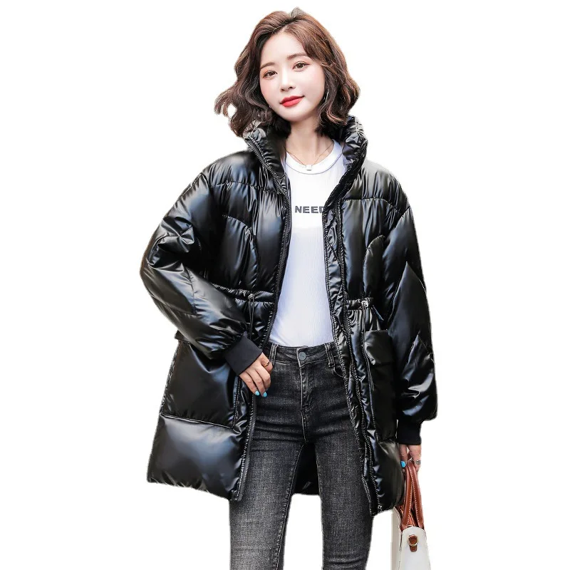 Shiny Winter Jackets For Women 2022 New Korean Fashion Parkas Mid-Length Cotton Coat Stand-up Collar Loose Bread Jacket Trend