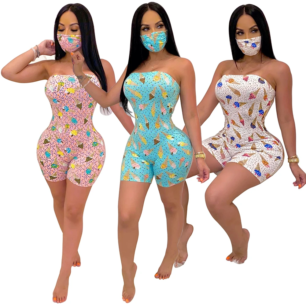 

Imcute Strapless Off Shoulder Bodycon Jumpsuit Sexy Women Bodysuit Shorts Romper Print Leotard Sleeveless Bodysuit 2020 New