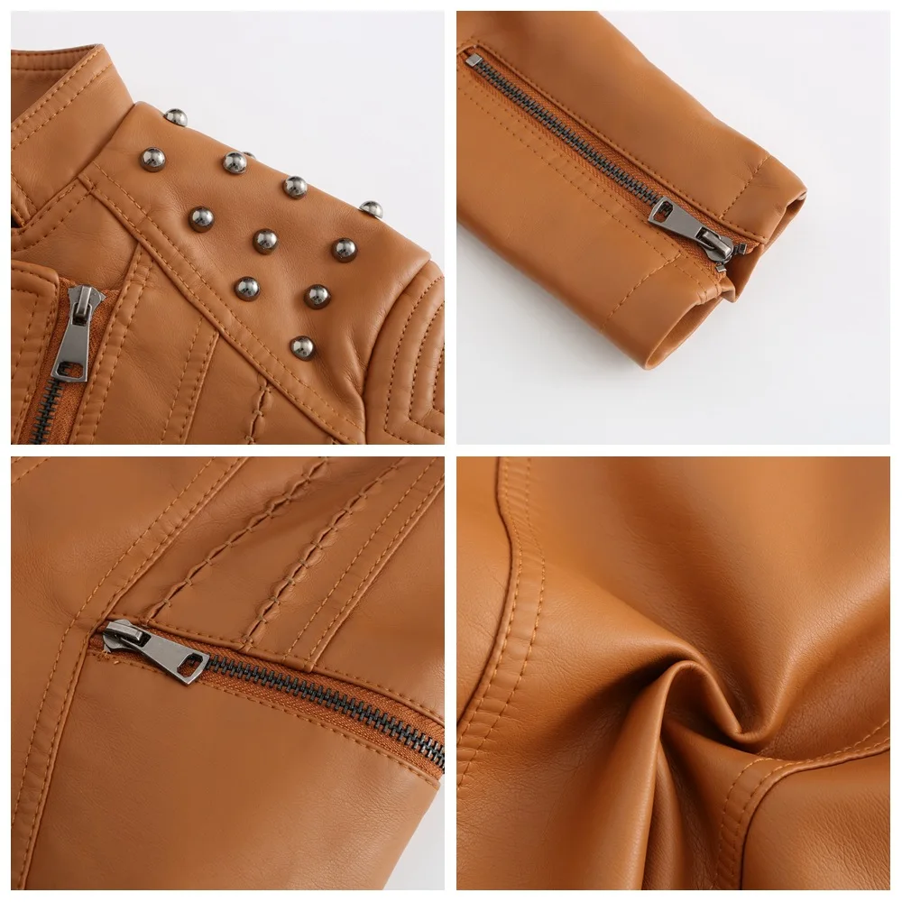 Women Red Pink Brown Faux Soft Leather Jacket Coat Turn-down Collar Casual Pu Motorcycle Slim Fit Jackets Punk Rivet Outerwear