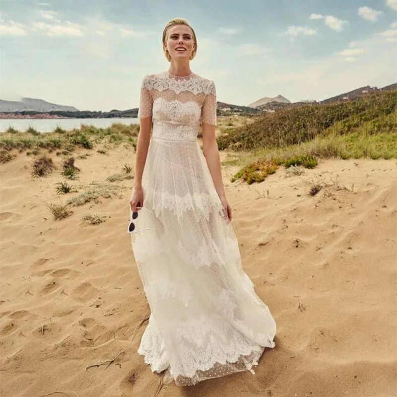 

Шикарный СВАДЕБНЫЙ халат, Пляжное свадебное платье с коротким рукавом, кружевное элегантное платье-трапеция до пола, свадебные платья, баль...