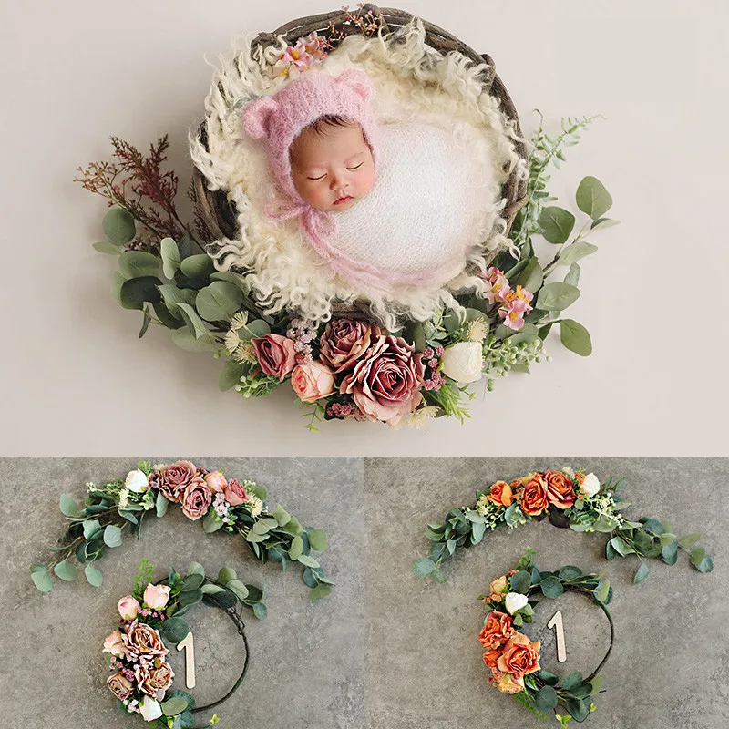 Newborn Photography Props Accessories Simulation Rose Flower Wreath Lintel Rattan Decoration Baby Girl Birthday Photo Background