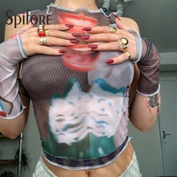 spifore abstract print mesh tops y2k see though summer tank tops with gloves aesthetic women clothes sleeveless sexy crop