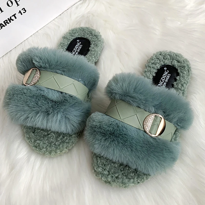 

Elegant Women Slippers Fashion Fur Leather Design 2021 Winter New Ladies Flat Shoes Buckle Decorate Bedroom Girls Plush Shoes