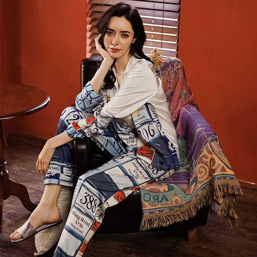 Spring and autumn new pajamas set female printing simulation silk pyjamas fashion trend ice home service 2 pieces sleepwear | Женская