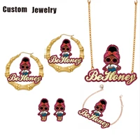1 8inch set personalised custom name character necklace kids bamboo earrings cartoon bracelet children jewelry set