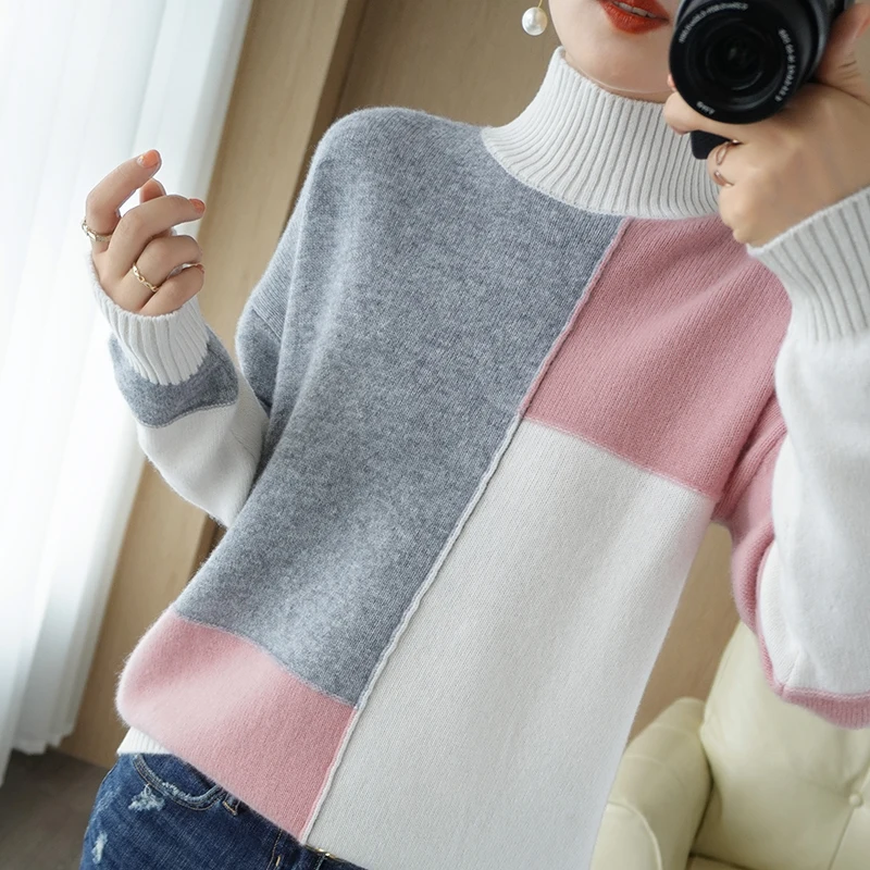 

New Cashmere Sweater Women's High-Neck Color Matching 100% Pure Wool Pullover Fashion Plus Size Warm Knitted Bottoming Shir
