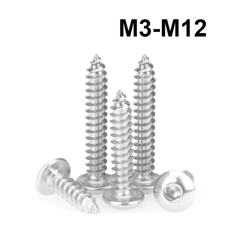 M2 M2.5 M3 M3.5 M4 M5 M6 304 Stainless Steel Pan Head Hex Hexagon Socket Self Tapping Screws Button Head Wood Screw