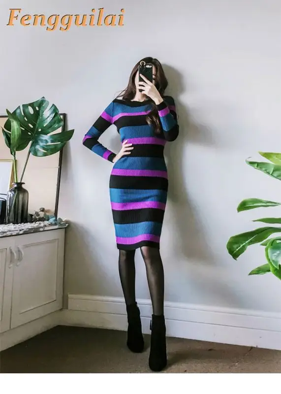 

FENGGUILAI Blue And Black Women Summer Stripe Dress Long Sleeve Ladies Knee Length Dress Plain Jersey Stretch Basic Dress