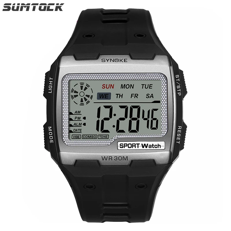 Sliver Watch SYNOKE большой экран дисплей электронные часы для мужчин 30 м Водонепроницаемый Будильник хронограф ночной Светильник 12/24 часов часы - Цвет: Sliver Watch