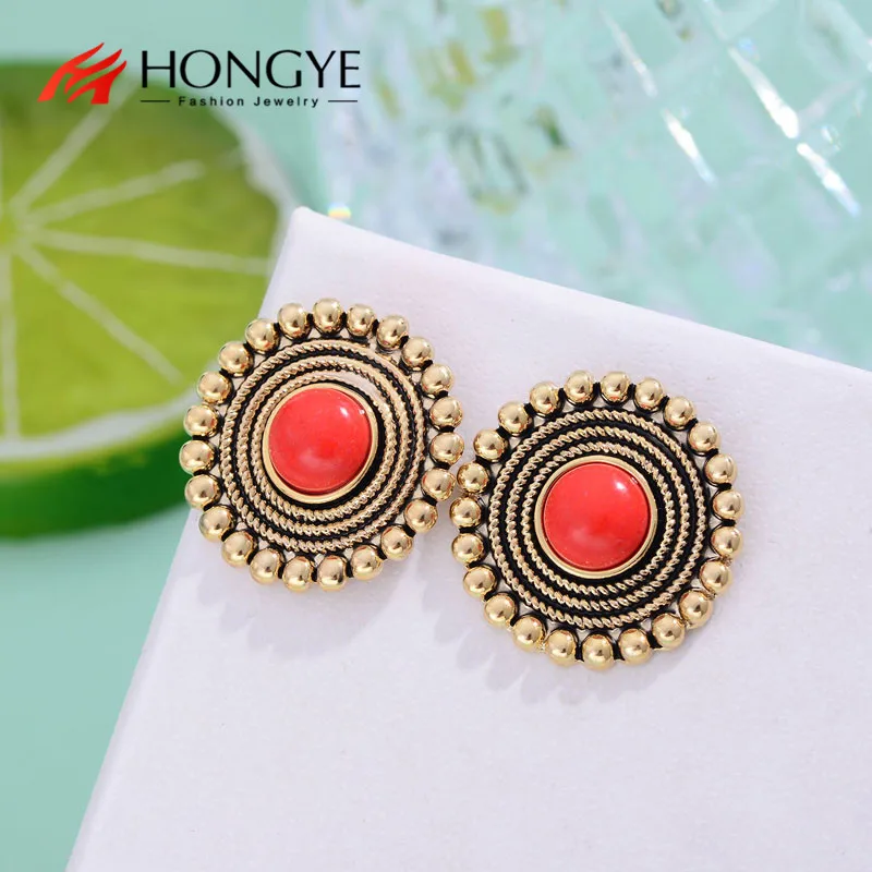 HONGYE круглые серьги гвоздики для женщин модные красные черные имитация