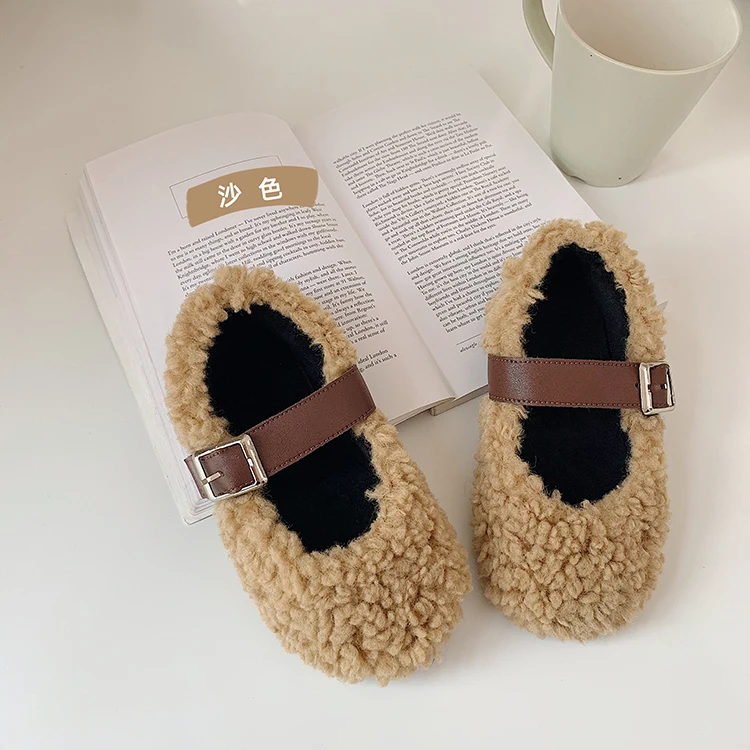 Пушистая обувь на плоской подошве для девочек детская хлопковая теплая осень и