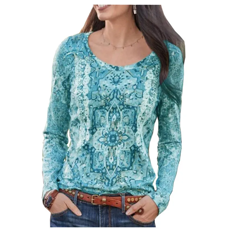 

2022 New Spring Ladies T-shirts Casual O-Neck Long Sleeve Folk Print T Shirt Loose Women Tee Top Oversized Clothes Plus Size 5XL