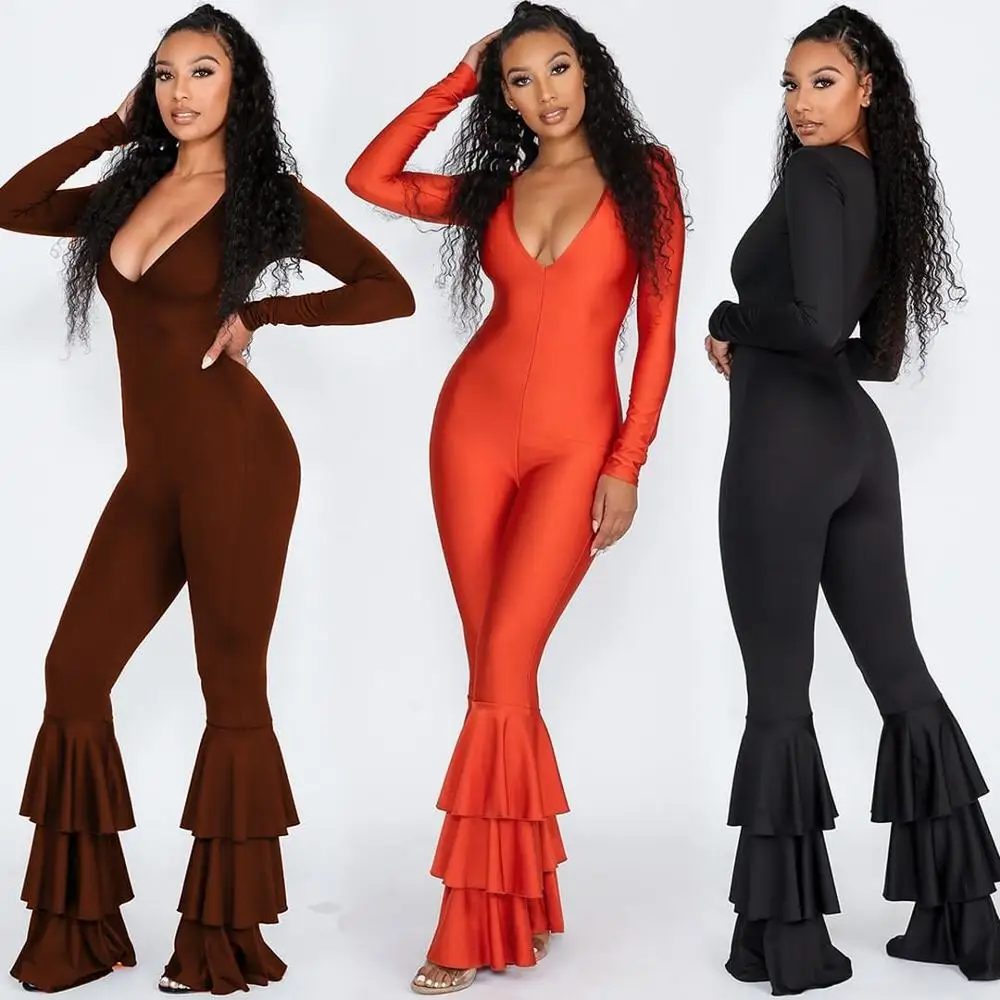 

Sexy V-neck Playsuit Piled Ruffle Long Sleeve Slinky Bodycon Clubwear Party Night Overalls For Women Khaki Black Orange