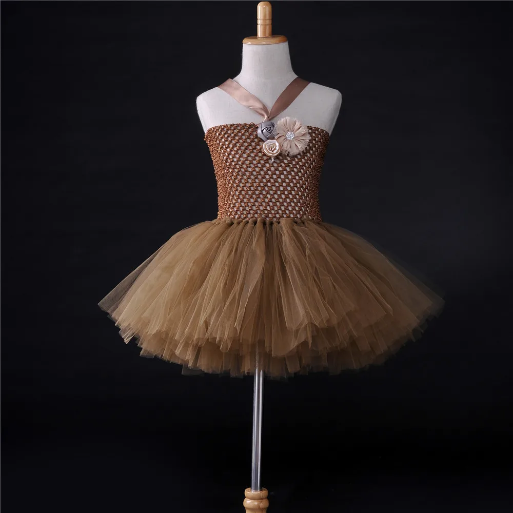 Brown Baby Girl Flower Tutu Dress Handmade Fluffy Children Birthday Party Dance Ball Gown for Girls Kids Halloween Costume | Детская